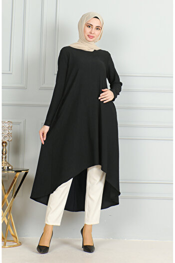 sefamerve Bürümcük Kumaş Asimetrik Kesim Tunik 1032-04 Siyah