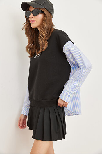 Olalook Black Poplin Detailed Thick Women's Sweatshirt - Swt- 19000669