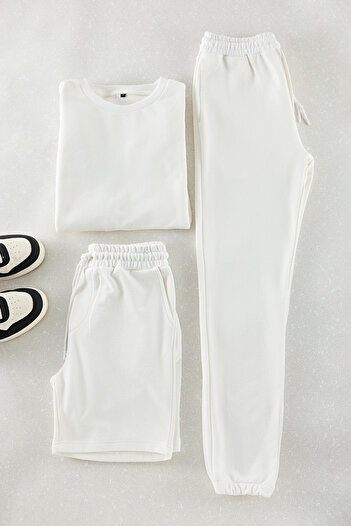 Trendyol Collection Ecru Oversize Sweatshirt - Sweatpants and Men's Shorts 3-Piece Set Tedaw25Em00003