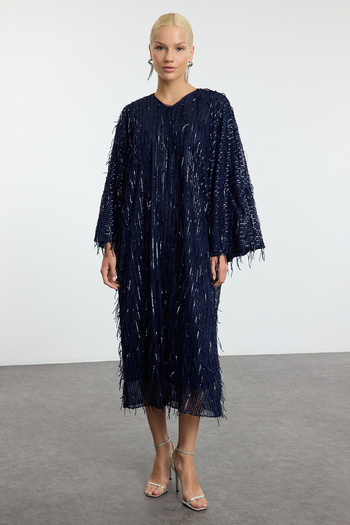 Trendyol Modest Βραδινό φόρεμα Jalabiya με υφαντό μπλε παγιέτες TCTAW25DB00009