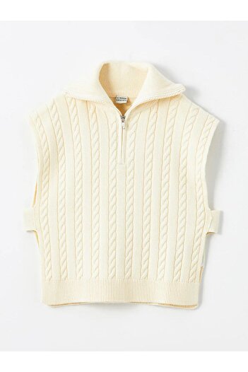 LC Waikiki Lcw Kids Light Beige Stand Collar Self Patterned Girl's Knitwear Sweater