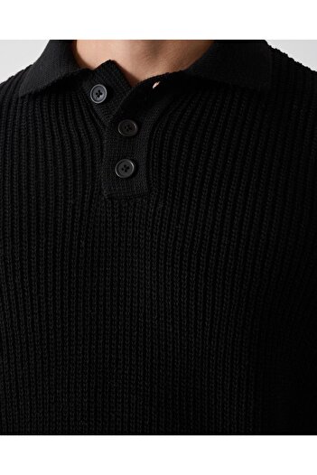 İLKCET MODA Collared Three Button Black Ribbed Oversize Sweater
