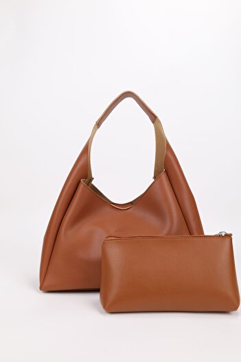 NOTHING Γυναικεία τσάντα μακιγιάζ Tan Faux Leather - Τσάντα χειρός και ώμου με μεγάλη εσωτερική θήκη E:33 L:15 W:10 cm