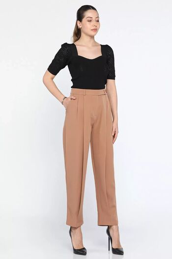 GÜLSELİ Camel High Waist Pleated Women's Loose Cut Fabric Trousers