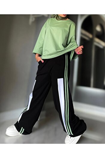 Machetta Women's Large Size T-Shirt Side Stripe Sweatpants Double Set