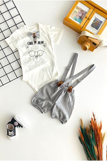 DERİNBEBE Cheerful Babies Bear Printed 2-Piece Salopet Set with Snap Fasteners on the Bottom and Gray
