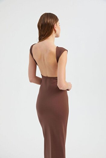 Hiccup Bisiklet Yaka Sırt Dekolteli Kap Kollu Maxi Bodycon Elbise