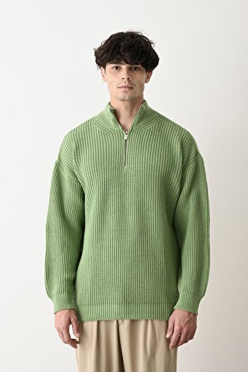 İLKCET MODA Zippered Green Stand Collar Basic Oversize Sweater