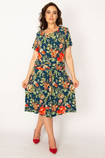 Şans Women's Large Size Colorful Waist Draped Floral Patterned Dress 65n33589