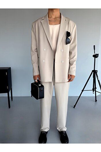 ablukaonline Beige Men's Oversize Double Breasted Suit - Comfortable Fit