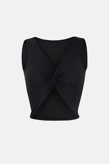 Hiccup Solid Colored Ribbed Front Curved Crop Top