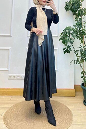 Edit by Trendyol Black Leather Look Long Skirt Tedaw25Ee00006