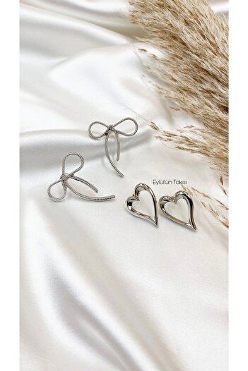 Eylülün Takısı Silver Colored Women's Medium Size 2 Pairs Bow and Heart Earrings