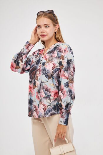 ESPİNA Women's Digital Looked Front Placket Buttoned Sleeve Cuffed Scuba Blouse