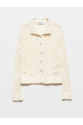 Dilvin 60243 Pearl Buttoned Knitwear Cardigan-Ecru