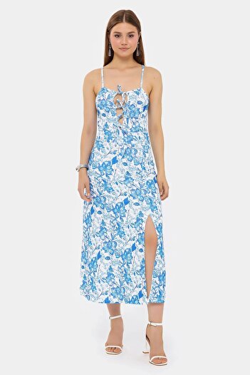 Hiccup Floral Patterned Fabric Midi Lace up Dress