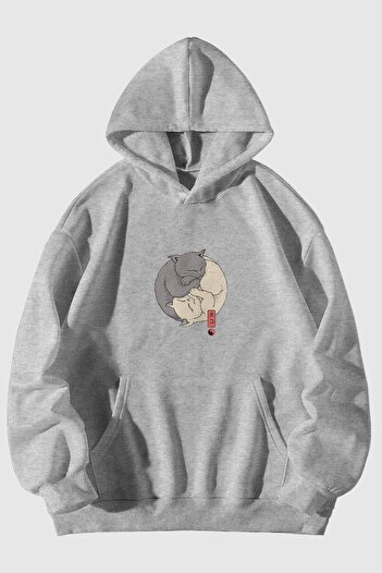 Pink Sky Unisex Ying Yang Cat Printed - Γκρι φούτερ με κουκούλα με τσέπη καγκουρό