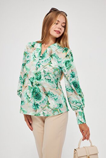 ESPİNA Women's Digital Looked Front Placket Buttoned Sleeve Cuffed Scuba Blouse