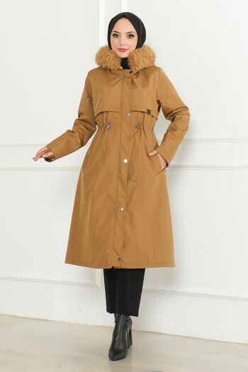 Modamihram Tan 19211 - Hidden Zipper and Hooded Jacket