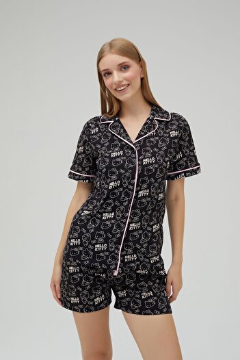 Hello Kitty 100% Cotton Pajamas Set with Black Shorts - Button, Short Sleeve Licensed Roz-250
