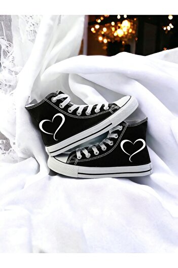 Lideral Unisex Siyah Beyaz Kalp Aşk Baskılı Model Rahat Keten Bilekli Sneaker Convers Günlük Spor Ayakkabı