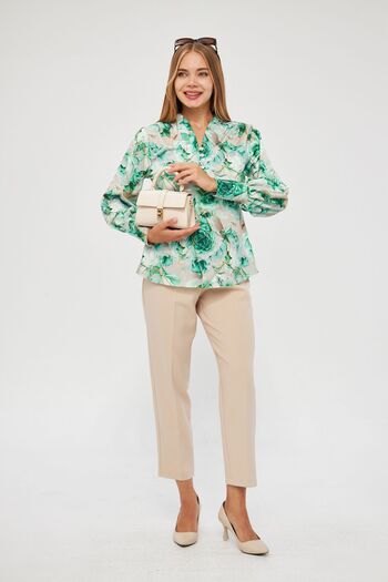 ESPİNA Women's Digital Looked Front Placket Buttoned Sleeve Cuffed Scuba Blouse