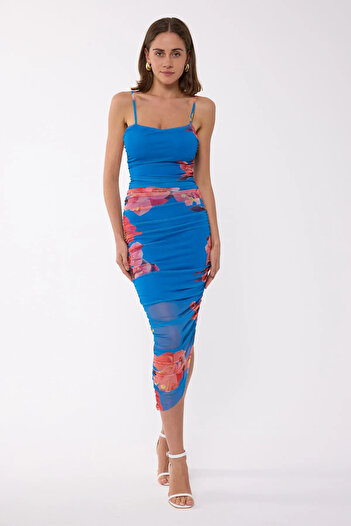 Hiccup Floral Patterned Curvy Slim Strap Bodycon Midi Dress