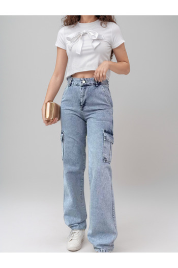 SHEVEGA Ice Blue Cargo Pocket Boyfriend Flare Jean Φαρδύ τζιν παντελόνι
