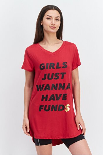 French Affair Women V-Neck Short Sleeves Graphic Print Pajama Top, Red