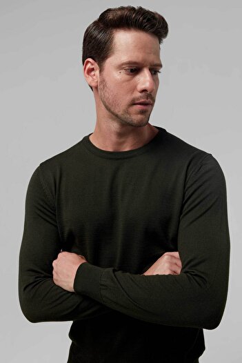 D'S Damat Ds Damat Regular Fit Khaki Plain Knit Cotton Blended Sweater