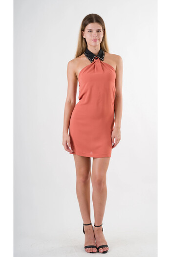 hazelin Brick Colored Halter Neck Mini Dress with Satin Fabric - Back Low Cut, Hzl24S-Yy262