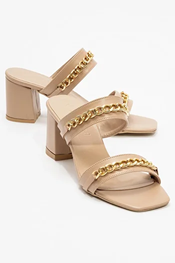 Ccway Nude Color Women's Heeled Chain Slippers