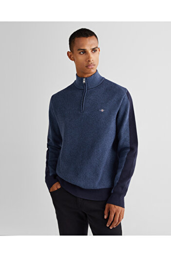 Gant Erkek Lacivert Relaxed Fit Yarım Fermuarlı Renk Bloklu Kazak