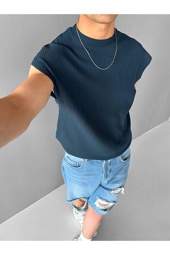 ablukaonline Ανδρικό αμάνικο μπλουζάκι Petrol Blue Oversize - Κοτλέ