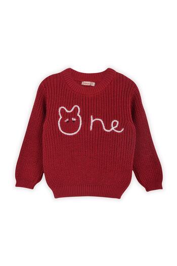 Minora Red Oversize Knitwear Baby Sweater - Thessaloniki Knitted Embroidered