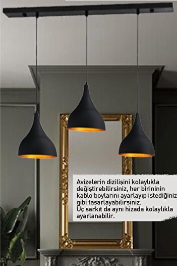 Bamyum Üçlü Uzun Siyah Avize Sarkıt Lamba Salon Masaüstü Mutfak Oturma Odası Otel Avizesi Modelleri
