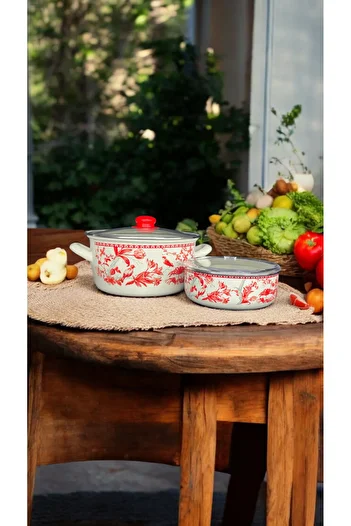 emaye market 22cm Enamel Chips Vegetable French Fries Pot Fryer and 18cm Enamel Storage Container Suit Set