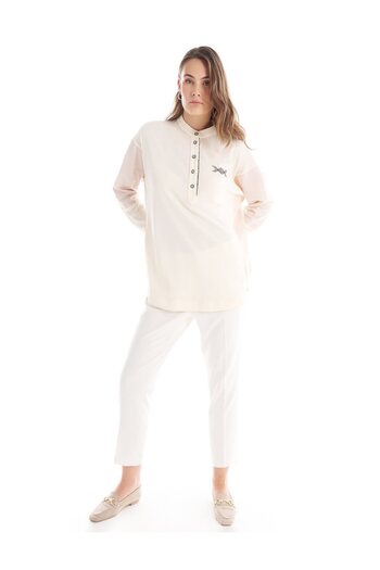 Kayra Fabric Mixed Embroidered Tunic Ecru
