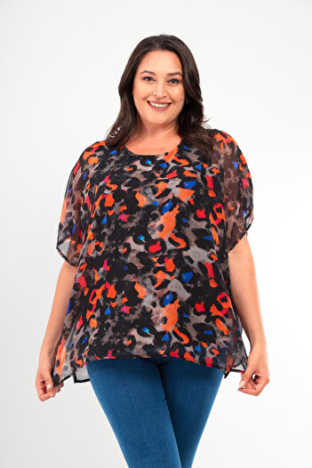 MAMAYAGA Asymmetric Cut Patterned Viscose Chiffon Sports Blouse - Large Size