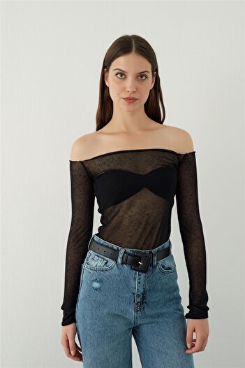 SHERIN Black Transparent Inner and Outer Knitwear Blouse