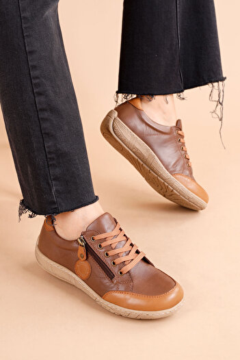 Getcho Cosmina Women's Brown Tan Genuine Leather Casual Shoes – Comfortable Walking, Non-Slip Sole, Stylish and Comfortable