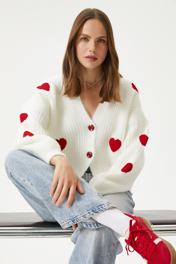 Ritnice Women's Cozy Red Heart Embroidered Knitwear Cardigan