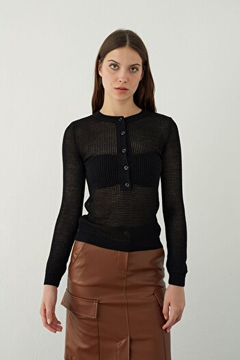 SHERIN Black Button Detailed Mesh Knitwear Sweater