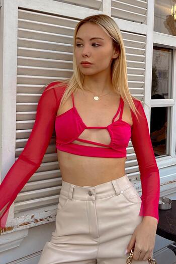 Swist Pink Sleeves Tulle Asymmetrical Tie Up Women's Crop Top