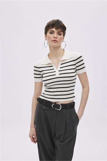SHERIN Ecru Polo Collar Striped Knitwear Sweater