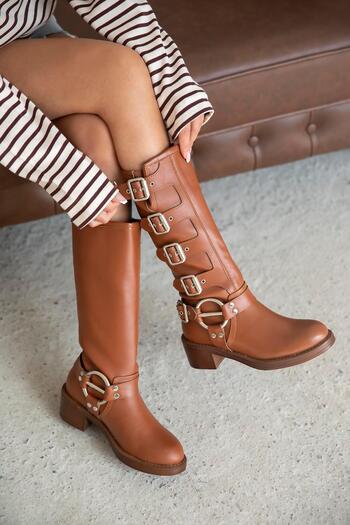 STRASWANS Kimberly Women's Accessory Detail Leather Boots Tan