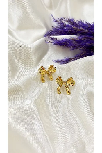 Eylülün Takısı Gold Colored Small Size Dangle Bow Earrings