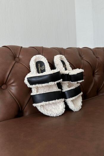STRASWANS Pietro Women's Furry Band Detail Flat Sole Slippers Black