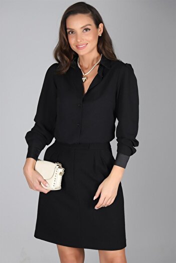 SWEETNESS Women's Black Satin Collar Crepe Evening Dress Shirt