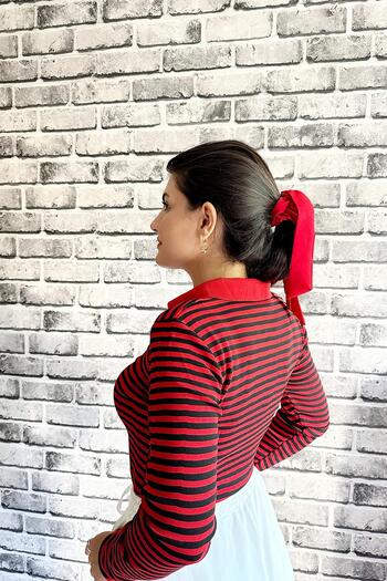 İpli Standard Size Red Thin Striped Polo Collar Women's Sweater